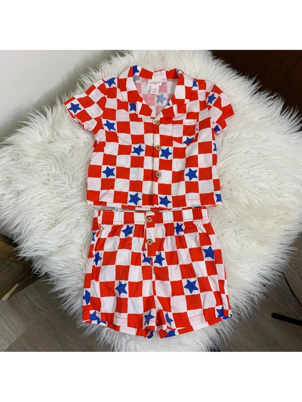Cat & Jack Checkered Star Button Down Top and Shorts Size 6-9M